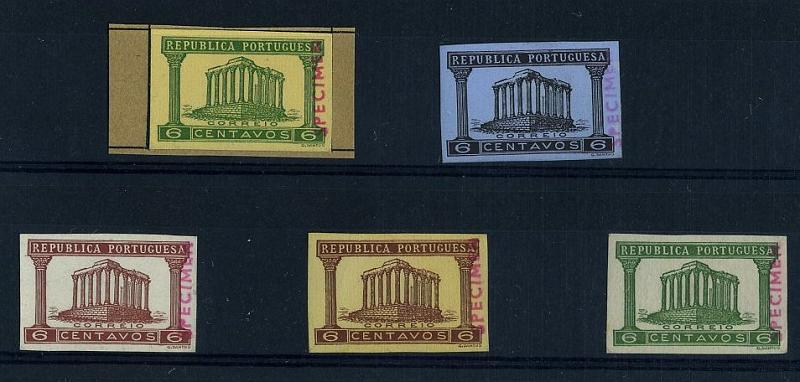 20Lis_661.jpg -     Lote:     661             Descrição:     1935 - Templo de Diana. Lote de 5 provas do selo de 5 ctvs em verde s/ amarelo, preto s/ azul, castanho s/ azul claro, castanho s/ amarelo e verde s/ verde claro, todas com sobrecarga SPECIMEN na vertical, batida a vermelho. MB e R.         PRV        Valor Base:     &euro; 50,00     Valor Venda:     &euro;      