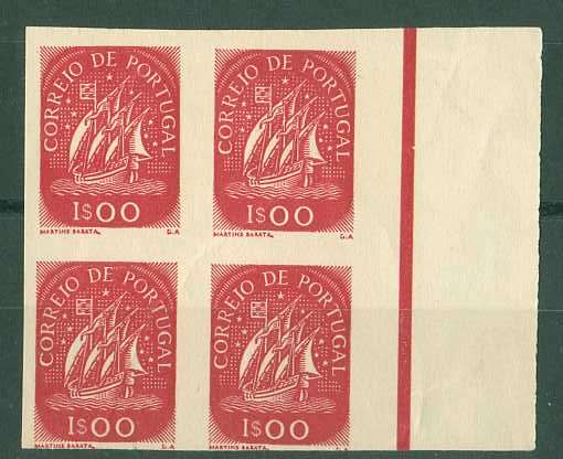 20Lis_684.jpg -     Lote:     684             Descrição:     1941/43 - Caravela. Quadra de provas não denteadas do selo de 1$00 em vermelho escuro, bordo direito de folha. Papel liso sem goma. OM2343.         PRV        Valor Base:     &euro; 10,00     Valor Venda:     &euro;      