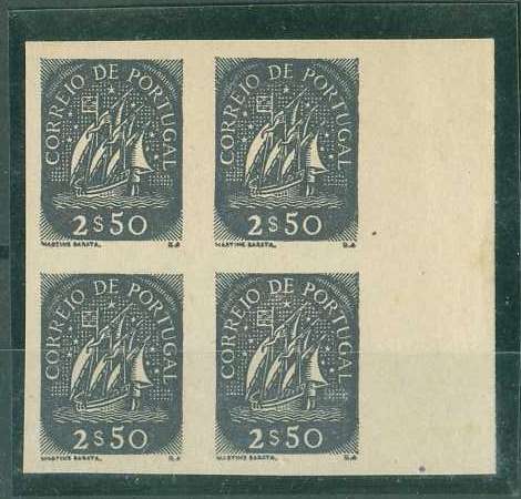 20Lis_689.jpg -     Lote:     689             Descrição:     1943 - Caravela. CE627, 2$50 preto, quadra não denteada, margem direita de folha, na cor preta. Não catalogada por OM.         PRV        Valor Base:     &euro; 15,00     Valor Venda:     &euro;      