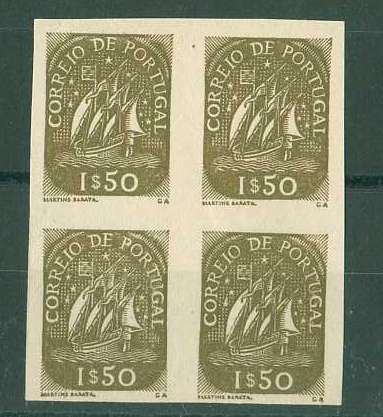 20Lis_700.jpg -     Lote:     700             Descrição:     1948/49 - Caravela. Quadra de provas não denteadas do selo de 1$50 em verde azeitona. Papel liso sem goma. OM2445.         PRV        Valor Base:     &euro; 10,00     Valor Venda:     &euro;      