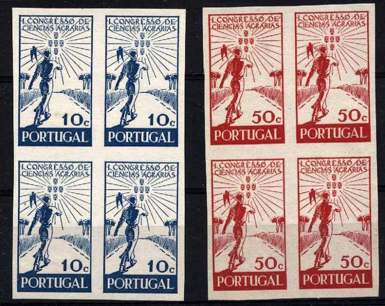20Lis_702.jpg -     Lote:     702             Descrição:     1943 - 1.º Congresso de Ciências Agrárias. Lote de duas quadras de provas não denteadas das taxas de 10 e 50 ctvs nas cores finais, não gomadas.         PRV        Valor Base:     &euro; 70,00     Valor Venda:     &euro;      