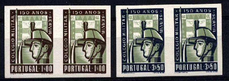 20Lis_709.jpg -     Lote:     709             Descrição:     1954 - 150.º Aniversário da Fundação do Colégio Militar. Lote composto por dois pares horizontais de provas não denteadas nas taxas de 1$00 e 3$50, nas cores finais, em papel esmalte gomado. B e R.         PRV        Valor Base:     &euro; 70,00     Valor Venda:     &euro;      
