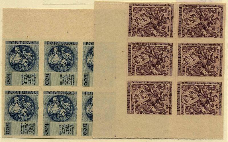 20Lis_710.jpg -     Lote:     710             Descrição:     1969 - 5.º Centenário do Nascimento de Pedro Alvares Cabral. Lote composto por dois blocos de 6 provas (3x2) não denteadas, em papel liso amarelado não gomado, nas cores finais para as taxas de 1$00 e 3$50. MB e MR.         PRV        Valor Base:     &euro; 100,00     Valor Venda:     &euro;      