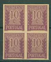 20Lis_716.jpg -     Lote:     716             Descrição:     1940 - Porteado * Tipo "Algarismo ladeado de ramos". CE POR55, $10 lilás (cor final). Quadra de provas não denteadas, sem goma, em papel liso amarelado fino.         PRV        Valor Base:     &euro; 10,00     Valor Venda:     &euro;      