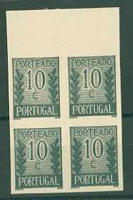 20Lis_717.jpg -     Lote:     717             Descrição:     1940 - Porteado * Tipo "Algarismo ladeado de ramos". CE POR55, $10 verde escuro. Quadra de provas não denteadas, bordo superior de folha, não gomadas, em papel liso branco médio. Não catalogado por OM.         PRV        Valor Base:     &euro; 12,00     Valor Venda:     &euro;      