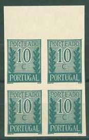 20Lis_718.jpg -     Lote:     718             Descrição:     1940 - Porteado * Tipo "Algarismo ladeado de ramos". CE POR55, $10 verde azul. Quadra de provas não denteadas, bordo superior de folha, não gomadas, em papel liso branco médio. Não catalogado por OM.        PRV        Valor Base:     &euro; 12,00     Valor Venda:     &euro;      