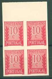 20Lis_719.jpg -     Lote:     719             Descrição:     1940 - Porteado * Tipo "Algarismo ladeado de ramos". CE POR55, $10 lilás rosa. Quadra de provas não denteadas, bordo superior de folha, não gomadas, em papel liso branco médio. OM204.         PRV        Valor Base:     &euro; 12,00     Valor Venda:     &euro;      
