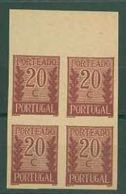 20Lis_721.jpg -     Lote:     721             Descrição:     1940 - Porteado * Tipo "Algarismo ladeado de ramos". CE POR56, $20 lilás vermelho (cor final). Quadra de provas não denteadas, bordo superior de folha, não gomadas, em papel liso amarelado e fino. OM206.         PRV        Valor Base:     &euro; 10,00     Valor Venda:     &euro;      