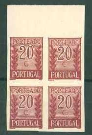 20Lis_722.jpg -     Lote:     722             Descrição:     1940 - Porteado * Tipo "Algarismo ladeado de ramos". CE POR56, $20 lilás vermelho (cor final). Quadra de provas não denteadas, bordo superior de folha, não gomadas, em papel liso médio. OM206.         PRV        Valor Base:     &euro; 10,00     Valor Venda:     &euro;      
