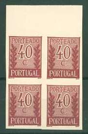 20Lis_723.jpg -     Lote:     723             Descrição:     1940 - Porteado * Tipo "Algarismo ladeado de ramos". CE POR58, $40 azul castanho vermelho. Quadra de provas não denteadas, bordo superior de folha, não gomadas, em papel liso médio. Não catalogada por OM         PRV        Valor Base:     &euro; 12,00     Valor Venda:     &euro;      
