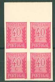 20Lis_724.jpg -     Lote:     724             Descrição:     1940 - Porteado * Tipo "Algarismo ladeado de ramos". CE POR58, $40 rosa escuro (cor final). Quadra de provas não denteadas, bordo superior de folha, não gomadas, em papel liso médio.          PRV        Valor Base:     &euro; 10,00     Valor Venda:     &euro;      