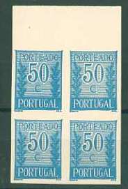 20Lis_725.jpg -     Lote:     725             Descrição:     1940 - Porteado * Tipo "Algarismo ladeado de ramos". CE POR59, $50 azul claro (cor final). Quadra de provas não denteadas, bordo superior de folha, não gomadas, em papel liso médio.         PRV        Valor Base:     &euro; 10,00     Valor Venda:     &euro;      