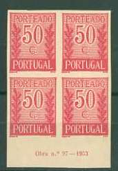 20Lis_726.jpg -     Lote:     726             Descrição:     1940 - Porteado * Tipo "Algarismo ladeado de ramos". CE POR59, $50 lilás vermelho. Quadra de provas não denteadas, bordo inferior de folha, "coin datée" (Obra n.º 97 - 1953), não gomadas, em papel esmalte branco. Não catalogado por OM.         PRV        Valor Base:     &euro; 15,00     Valor Venda:     &euro;      