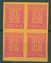 20Lis_727.jpg -     Lote:     727             Descrição:     1940 - Porteado * Tipo "Algarismo ladeado de ramos". CE POR59, $50 lilás vermelho s/ salmão. Quadra de provas não denteadas, sem goma, em papel médio. Não catalogado por OM.         PRV        Valor Base:     &euro; 15,00     Valor Venda:     &euro;      
