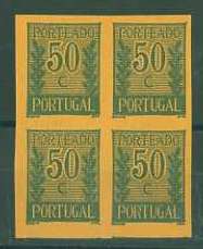 20Lis_728.jpg -     Lote:     728             Descrição:     1940 - Porteado * Tipo "Algarismo ladeado de ramos". CE POR59, $50 violeta azul s/ salmão. Quadra de provas não denteadas, sem goma, em papel médio. Não catalogado por OM.         PRV        Valor Base:     &euro; 15,00     Valor Venda:     &euro;      