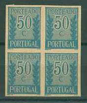20Lis_729.jpg -     Lote:     729             Descrição:     1940 - Porteado * Tipo "Algarismo ladeado de ramos". CE POR59, $50 violeta azul. Quadra de provas não denteadas, sem goma, em papel fino amarelado. OM214.         PRV        Valor Base:     &euro; 12,00     Valor Venda:     &euro;      