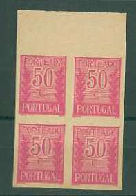 20Lis_730.jpg -     Lote:     730             Descrição:     1940 - Porteado * Tipo "Algarismo ladeado de ramos". CE POR59, $50 lilás vermelho. Quadra de provas não denteadas, bordo superior de folha, não gomadas, em papel fino amarelado. OM213.         PRV        Valor Base:     &euro; 12,00     Valor Venda:     &euro;      