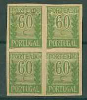 20Lis_731.jpg -     Lote:     731             Descrição:     1940 - Porteado * Tipo "Algarismo ladeado de ramos". CE POR60, $60 verde amarelo. Quadra de provas não denteadas, sem goma em papel liso fino amarelado, na cor final.         PRV        Valor Base:     &euro; 10,00     Valor Venda:     &euro;      