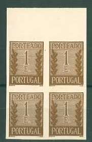 20Lis_733.jpg -     Lote:     733             Descrição:     1940 - Porteado * Tipo "Algarismo ladeado de ramos". CE POR62, 1$00 castanho. Quadra de provas não denteadas, bordo superior de folha, não gomadas, na cor final.         PRV        Valor Base:     &euro; 10,00     Valor Venda:     &euro;      