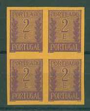 20Lis_735.jpg -     Lote:     735             Descrição:     1940 - Porteado * Tipo "Algarismo ladeado de ramos". CE POR63, 2$00 lilás escuro s/ salmão. Quadra de provas não denteadas, não gomadas, em papel fino. Não catalogadas por OM.         PRV        Valor Base:     &euro; 12,00     Valor Venda:     &euro;      