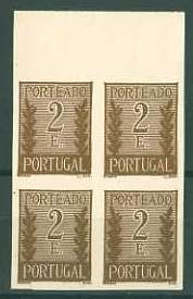 20Lis_737.jpg -     Lote:     737             Descrição:     1940 - Porteado * Tipo "Algarismo ladeado de ramos". CE POR63, 2$00 castanho. Quadra de provas, bordo superior de folha, não gomadas, em papel médio branco. Não catalogadas por OM.         PRV        Valor Base:     &euro; 15,00     Valor Venda:     &euro;      