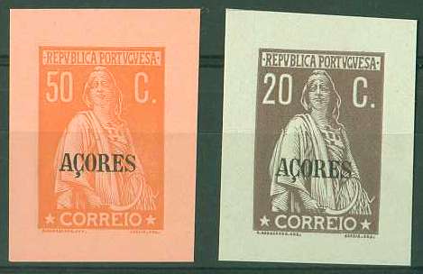 20Lis_744.jpg -     Lote:     744             Descrição:     1912/13 - Ceres. Selos do Continente com sobrecarga Açores. CE160, 162. Provas não denteadas do 20 ctvs castanho s/ verde em papel porcelana e 50 ctvs laranja s/ salmão também em papel porcelana. Ambos com largas margens.         PRV        Valor Base:     &euro; 10,00     Valor Venda:     &euro;      