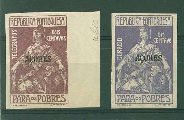 20Lis_745.jpg -     Lote:     745             Descrição:     1915/24 - Imposto Postal. Para os Pobres. Selos do Continente com sobrecarga Açores. CE IP5 e 6. Lote de duas provas sendo uma do 1 ctv em violeta escuro e outra do 2 ctvs em lilás vermelho, bordo direito de folha.         PRV        Valor Base:     &euro; 10,00     Valor Venda:     &euro;      