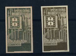 20Lis_750.jpg -     Lote:     750             Descrição:     1940 - Centenários da Fundação e Restauração. Projectos não aprovados. Lote de duas provas em verde escuro s/ rosa e castanho s/ branco. MB e MR.         PRV        Valor Base:     &euro; 120,00     Valor Venda:     &euro;      