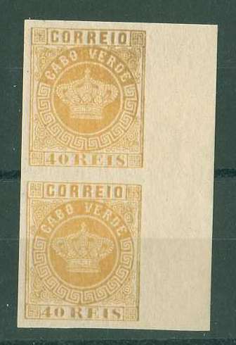 20Lis_760.jpg -     Lote:     760             Descrição:     1881/85 - Tipo Coroa. Reimpressões de 1885. CE13, 40 reis amarelo. Par vertical de provas não denteadas.         PRV        Valor Base:     &euro; 8,00     Valor Venda:     &euro;      