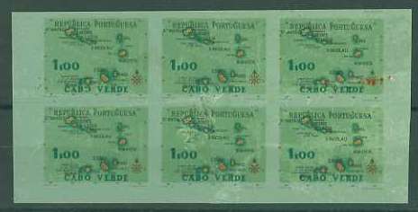 20Lis_766.jpg -     Lote:     766             Descrição:     1955 - Carta Geográfica de Cabo Verde. Bloco horizontal de 6 provas (3x2) de 1$00 em verde sobre papel verde. Selos não emitidos.         PRV        Valor Base:     &euro; 25,00     Valor Venda:     &euro;      