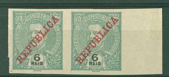 20Lis_774.jpg -     Lote:     774             Descrição:     1903 - D. Carlos I Mouchon, com sobrecarga República da Casa da Moeda. CE206, 6 reis verde. Par horizontal de provas, bordo direito de folha, não denteadas em papel liso médio.         PRV        Valor Base:     &euro; 8,00     Valor Venda:     &euro;      