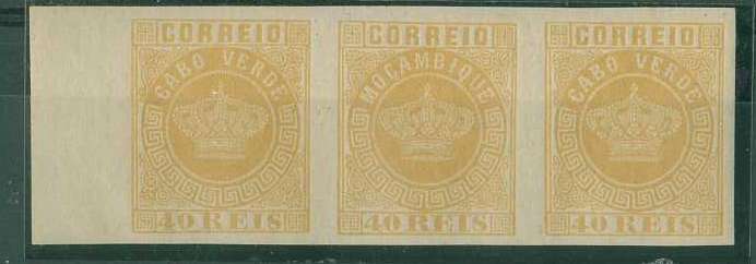 20Lis_776.jpg -     Lote:     776             Descrição:     1881/85 - Tipo Coroa. Novas cores. CE13, 40 reis ocre. Tira horizontal com 3 provas, bordo esquerdo de folha, não denteadas, na cor final em papel liso amarelado.         PRV        Valor Base:     &euro; 30,00     Valor Venda:     &euro;      