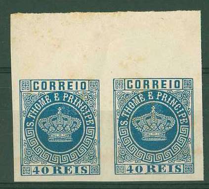 20Lis_790.jpg -     Lote:     790             Descrição:     1870/77 - Tipo Coroa. CE5, azul. Par horizontal de provas não denteadas, bordo superior de folha, em papel liso médio. Algumas manchas no verso.         PRV        Valor Base:     &euro; 20,00     Valor Venda:     &euro;      