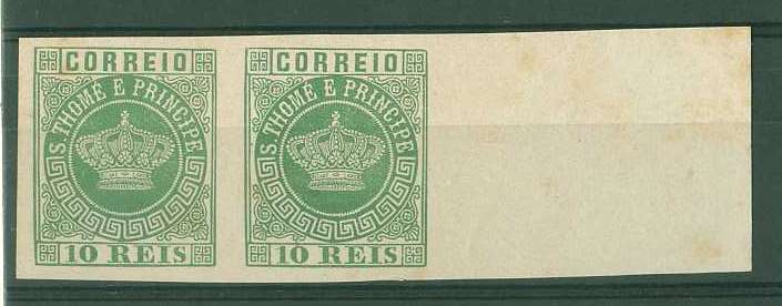 20Lis_791.jpg -     Lote:     791             Descrição:     1881(5 - Tipo Coroa. CE10, verde. Par horizontal de provas não denteadas, bordo lateral direito de folha, em papel liso médio. Algumas manchas no verso.         PRV        Valor Base:     &euro; 20,00     Valor Venda:     &euro;      