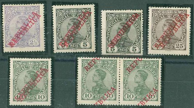 20Lis_815.jpg -     Lote:     815             Descrição:     1910 - D. Manuel II com sobrecarga República. CE170, 171, 172 e 175. 2.5, 5, 10 e 25 reis. Um par e cinco selos todos com sobrecargas duplas e o par com sobrecarga deslocada.         **        Valor Base:     &euro; 10,00     Valor Venda:     &euro;      