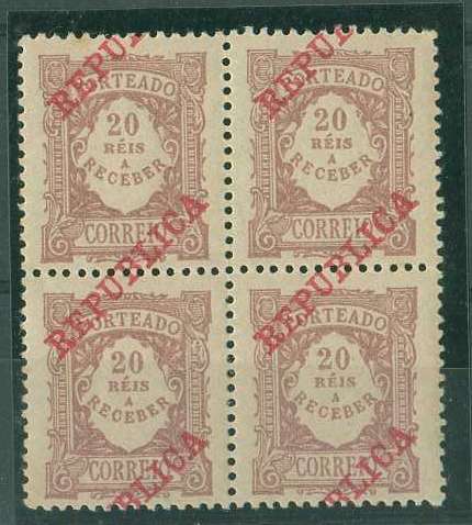 20Lis_827.jpg -     Lote:     827             Descrição:     1911 - Porteado * Emissão regular (tipo 1904) com sobrecarga República. CE POR16. Quadra com a sobrecarga muito deslocada, bem centrada. MB.         ***        Valor Base:     &euro; 8,00     Valor Venda:     &euro;      