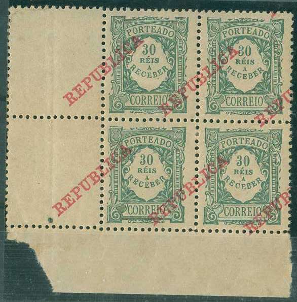 20Lis_828.jpg -     Lote:     828             Descrição:     1911 - Porteado * Emissão regular (tipo 1904) com sobrecarga República. CE POR17. Quadra canto inferior esquerdo de folha com a sobrecarga muito deslocada, bem centrada. MB.         **        Valor Base:     &euro; 8,00     Valor Venda:     &euro;      