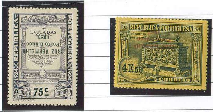 20Lis_830.jpg -     Lote:     830             Descrição:     1927 - Privativos. Cruz Vermelha Portuguesa. Selos do 4.º Centenário do Nascimento de Luís de Camões com sobrecarga. Lote de quatro selos CE CVP8 e 9, com sobrecarga invertida.         **        Valor Base:     &euro; 6,00     Valor Venda:     &euro;      