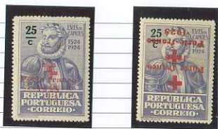 20Lis_833.jpg -     Lote:     833             Descrição:     1928 - Privativos. Cruz Vermelha Portuguesa. Selos do 4.º Centenário do Nascimento de Luís de Camões com sobrecarga. Dois selos de 25 ctvs violeta CE CVP14, um exemplar com dupla sobrecarga e outro com dupla sobrecarga invertida.         **        Valor Base:     &euro; 6,00     Valor Venda:     &euro;      