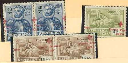 20Lis_835.jpg -     Lote:     835             Descrição:     1928 - Privativos. Cruz Vermelha Portuguesa. Selos do 4.º Centenário do Nascimento de Luís de Camões com sobrecarga. Lote de dois pares e um selo isolado, CE CVP14, 15 e 16, todos com sobrecarga deslocada.         **        Valor Base:     &euro; 15,00     Valor Venda:     &euro;      