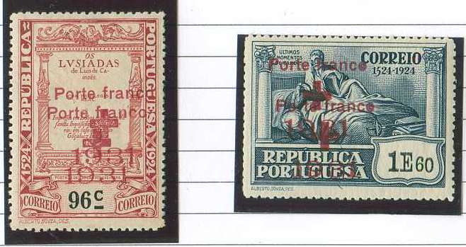 20Lis_849.jpg -     Lote:     849              Descrição:     1931 - Privativos. Cruz Vermelha Portuguesa. Selos do 4.º Centenário do Nascimento de Luís de Camões com sobrecarga. CE CVP32 e 33 (96 ctvs e 1$60) ambos com dupla impressão da sobrecarga.         **        Valor Base:     &euro; 5,00     Valor Venda:     &euro;      