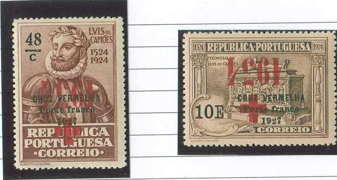 20Lis_856.jpg -     Lote:     856             Descrição:     1934 - Privativos. Cruz Vermelha Portuguesa. Selos do 4.º Centenário do Nascimento de Luís de Camões com sobrecarga. CE CVP48 e 52, (40 ctvs e 10$00) com a sobrecarga invertida.         **        Valor Base:     &euro; 6,00     Valor Venda:     &euro;      