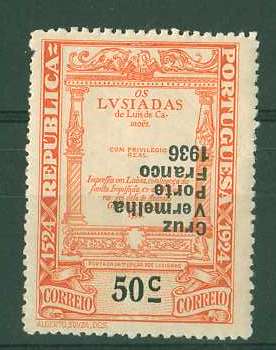 20Lis_863.jpg -     Lote:     863             Descrição:     1936 - Privativos. Cruz Vermelha Portuguesa. Selos do 4.º Centenário do Nascimento de Luís de Camões com sobrecarga. CE CVP61, 50 ctvs laranja. Selo com sobrecarga invertida. Apenas foram impressos 50 selos com a sobrecarga invertida de acordo com estudo de Oliveira Marques.         ***        Valor Base:     &euro; 10,00     Valor Venda:     &euro;      