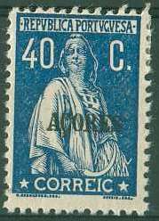 20Lis_872.jpg -     Lote:     872              Descrição:     1923/24 - Ceres. Selos do Continente com sobrecarga Açores. CE196, 40 ctvs azul escuro, denteado 12x11.5, com a variedade de cliché "CORREIC". Valor de catálogo &euro; 81,20.         **        Valor Base:     &euro; 20,00     Valor Venda:     &euro;      