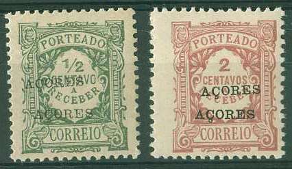 20Lis_876.jpg -     Lote:     876             Descrição:     1918/24 - Porteado. Emissão regular. Selos do Continente com sobrecarga Açores. CE POR17 e CE POR22 (2 ctvs lilás vermelho e.5 ctvs verde), ambos com dupla sobrecarga "Açores".         **        Valor Base:     &euro; 8,00     Valor Venda:     &euro;      