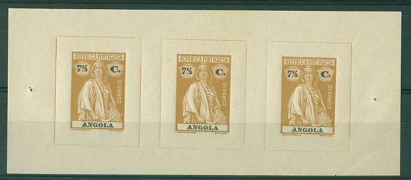 20Lis_884.jpg -     Lote:     884             Descrição:     1914 - Ceres. Tira com três provas clandestinas não denteadas em papel liso do selo de 7.5 ctvs na cor bistre (cor aprovada).          PRV        Valor Base:     &euro; 20,00     Valor Venda:     &euro;      