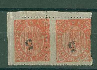 20Lis_900.jpg -     Lote:     900             Descrição:     1881 - Nativos, com sobretaxa. Tipo ID. CE64, 5 s/ 20 reis vermelho. Par horizontal com sobrecarga invertida e denteado deslocado.         ***        Valor Base:     &euro; 25,00     Valor Venda:     &euro;      