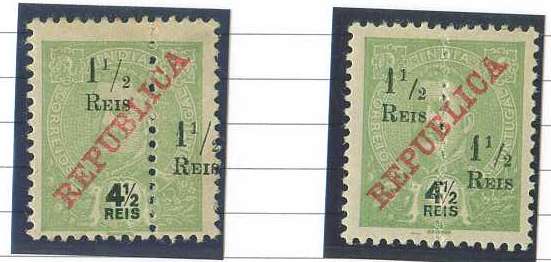 20Lis_903.jpg -     Lote:     903             Descrição:     1911/13 - D. Carlos I Mouchon com sobrecarga República da Casa da Moeda e perfurados. CE243, 1.5 reais s/ 4.5 reis, com perfuração deslocada + um exemplar para comparação.         **        Valor Base:     &euro; 3,00     Valor Venda:     &euro;      