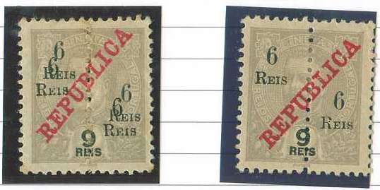 20Lis_904.jpg -     Lote:     904             Descrição:     1911/13 - D. Carlos I Mouchon com sobrecarga República da Casa da Moeda e perfurados. CE245, 6 reis s/ 9 reis, com dupla impressão da sobretaxa + um exemplar para comparação.         **        Valor Base:     &euro; 5,00     Valor Venda:     &euro;      