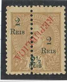 20Lis_905.jpg -     Lote:     905             Descrição:     1914 - D. Carlos I Mouchon com sobrecarga República local e perfurados. 2 reis s/ 2.5 reis, com sobrecarga República invertida. Não catalogado.         *        Valor Base:     &euro; 3,00     Valor Venda:     &euro;      